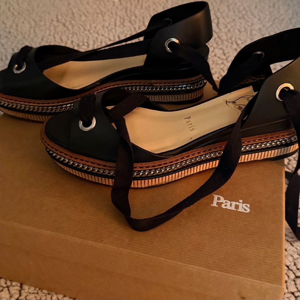 Christian Louboutin Black Leather Platform Espadrille Wedges with Metallic Trim